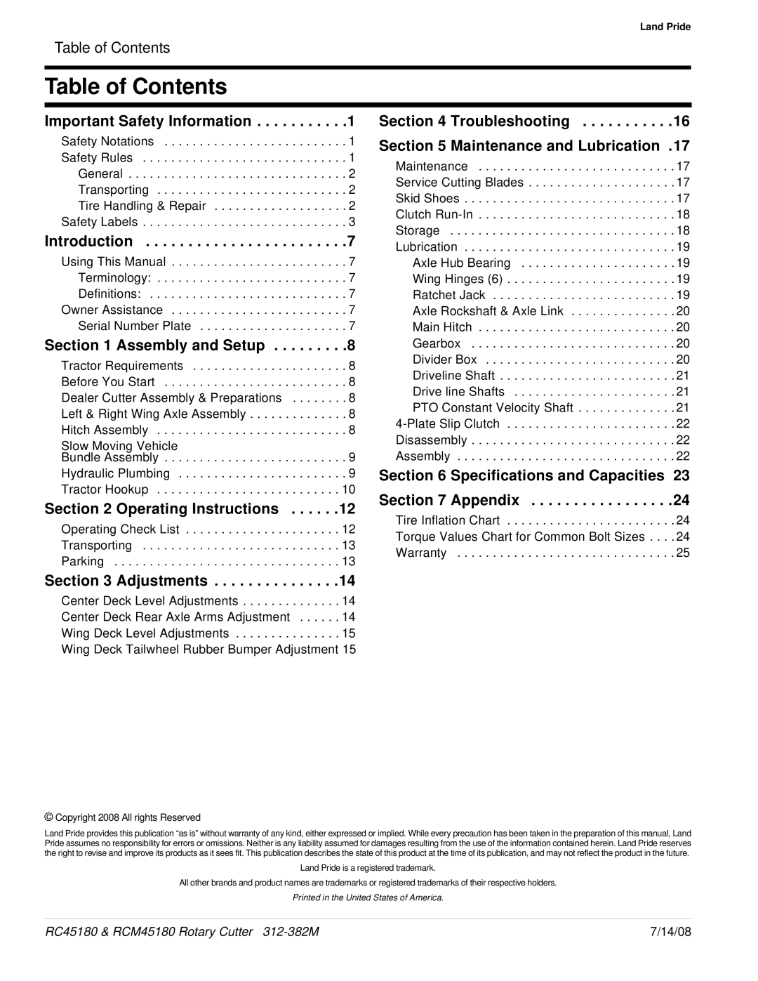 Land Pride RC45180, RCM45180 manual Table of Contents 