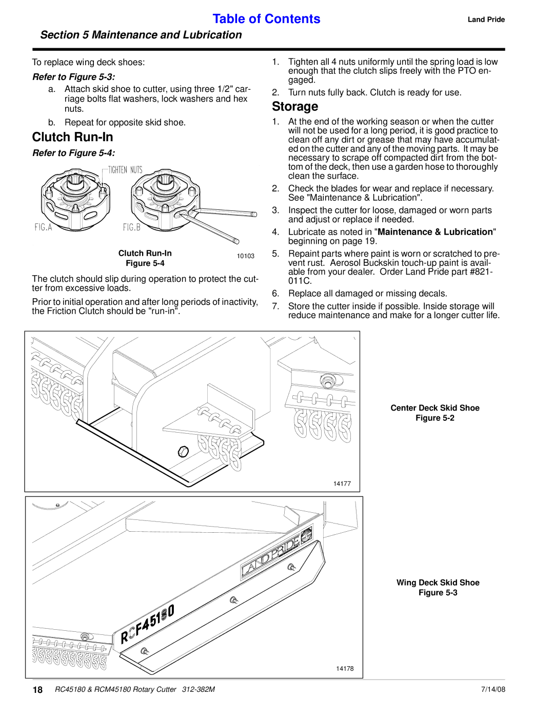 Land Pride RC45180, RCM45180 manual Storage, Clutch Run-In 