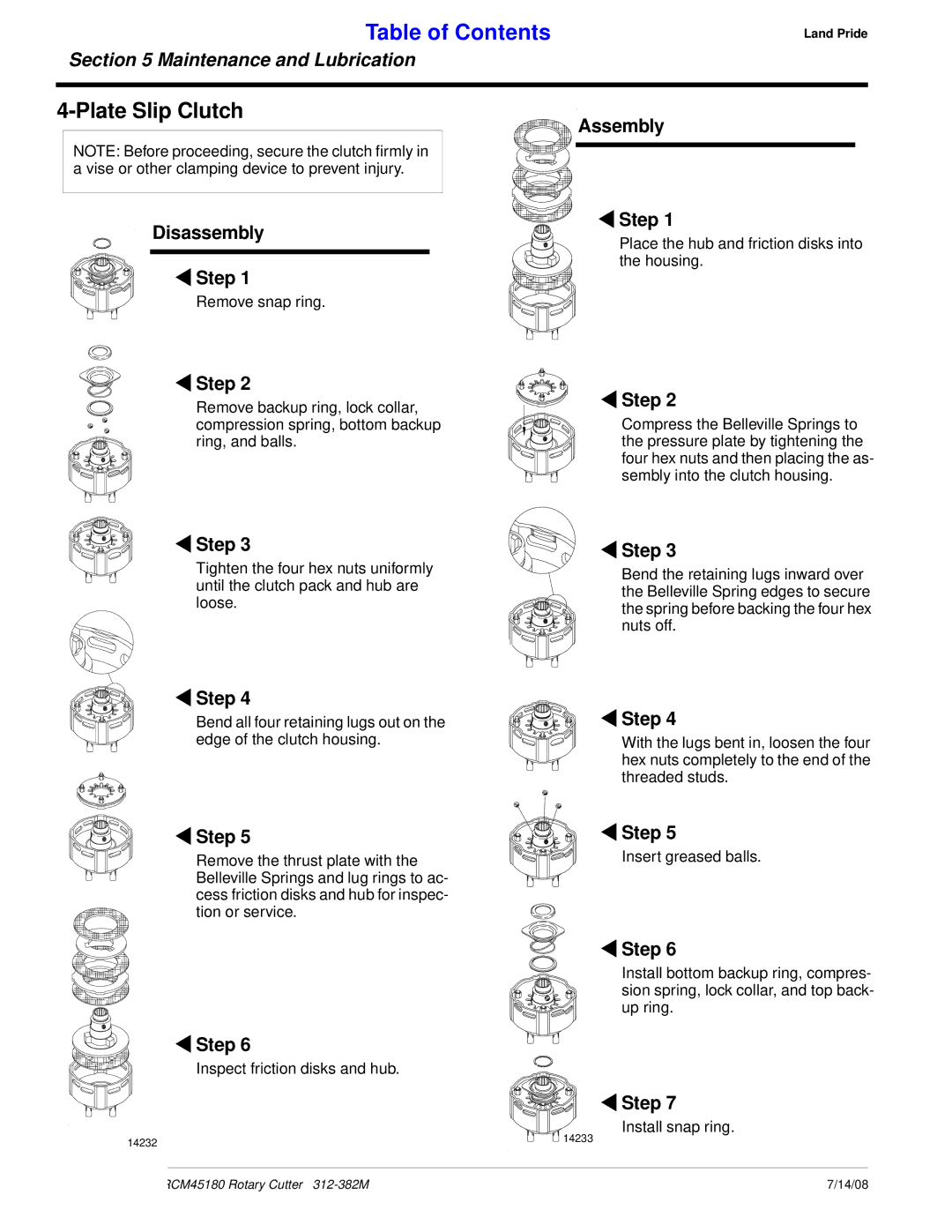 Land Pride RC45180, RCM45180 manual Plate Slip Clutch, Disassembly Step, Assembly Step 