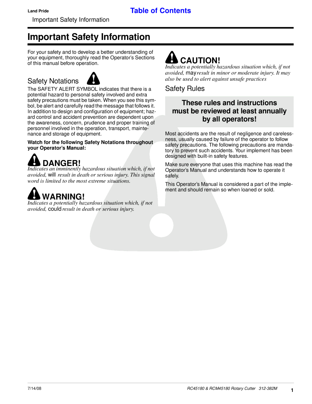 Land Pride RCM45180, RC45180 manual Important Safety Information 