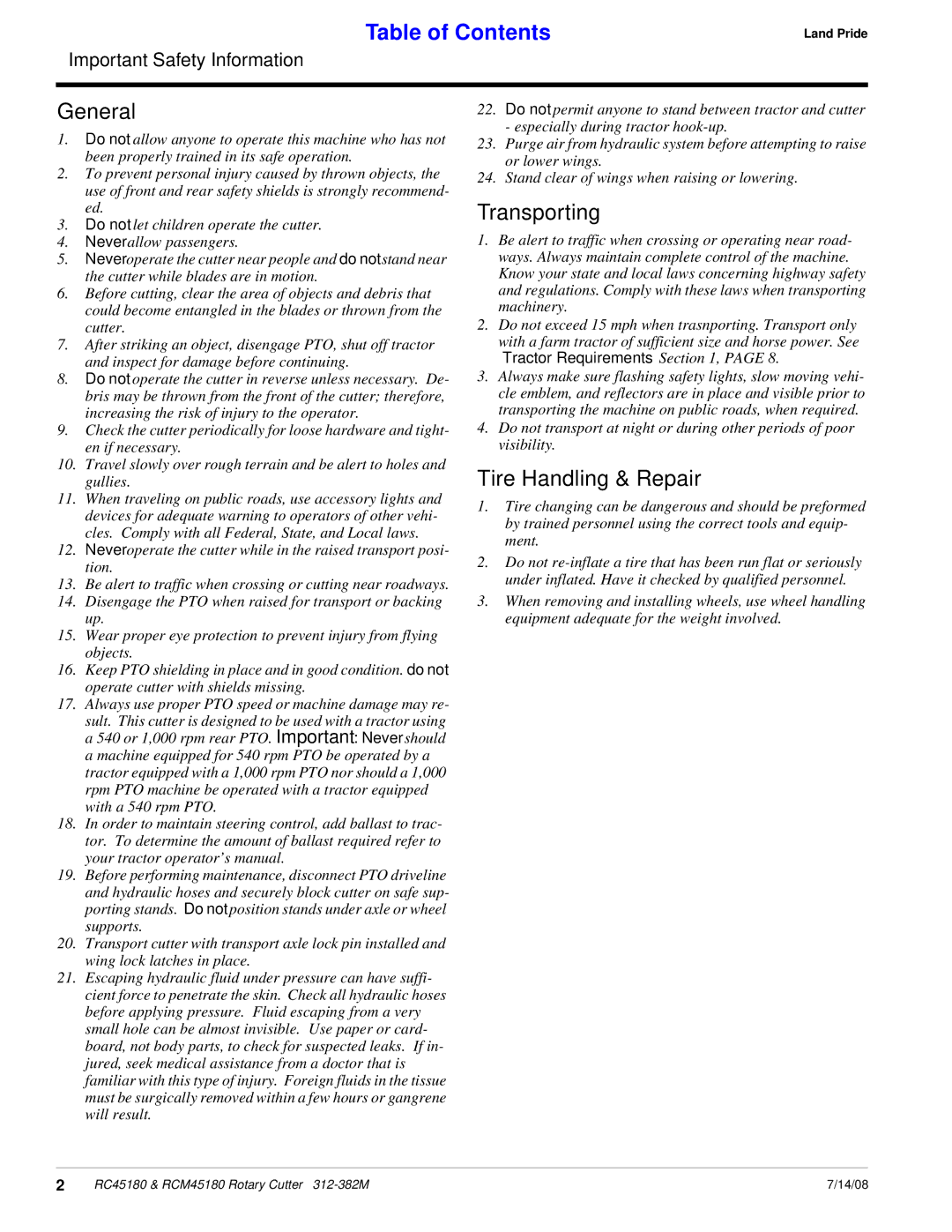 Land Pride RC45180, RCM45180 manual General 