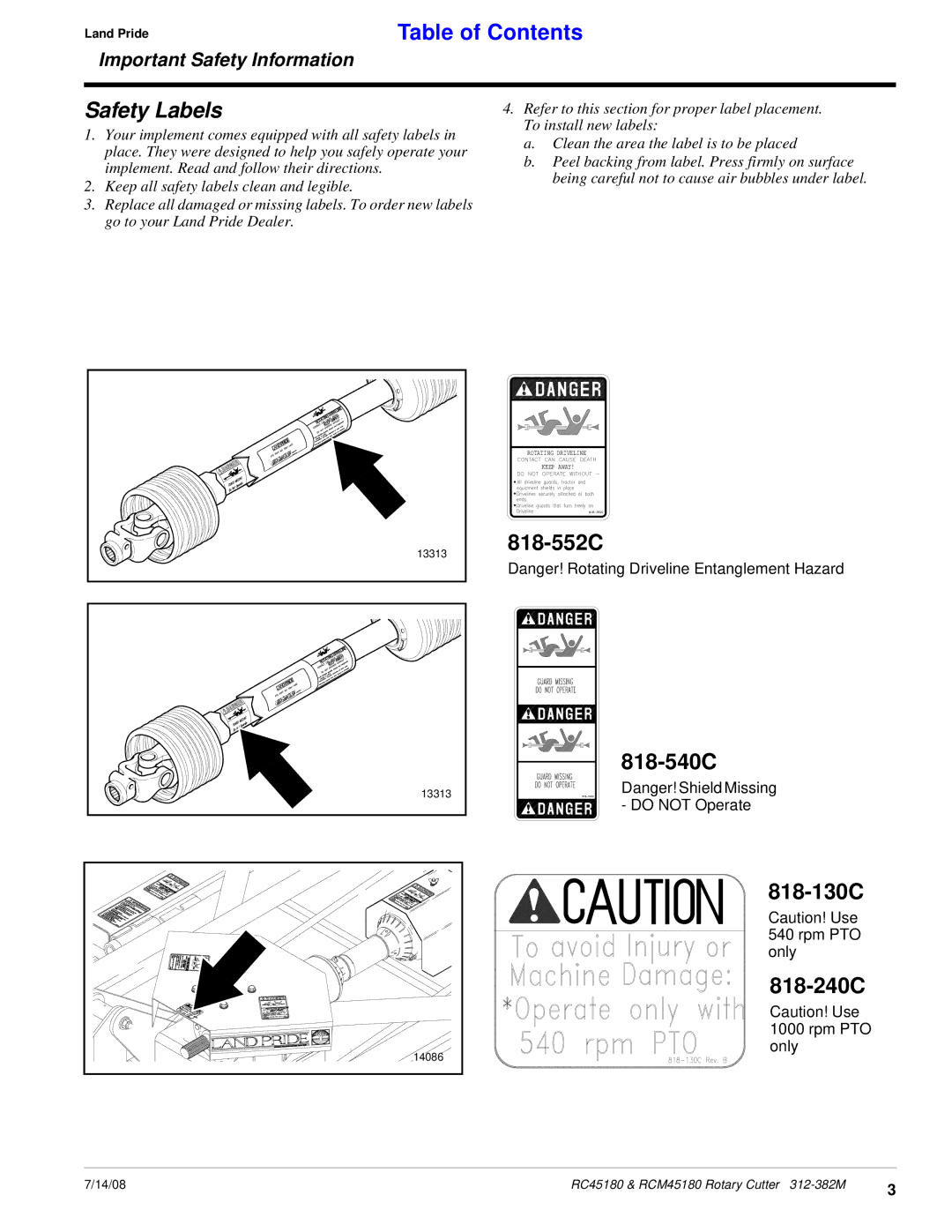 Land Pride RCM45180, RC45180 manual 818-552C 818-540C, 818-130C 818-240C 