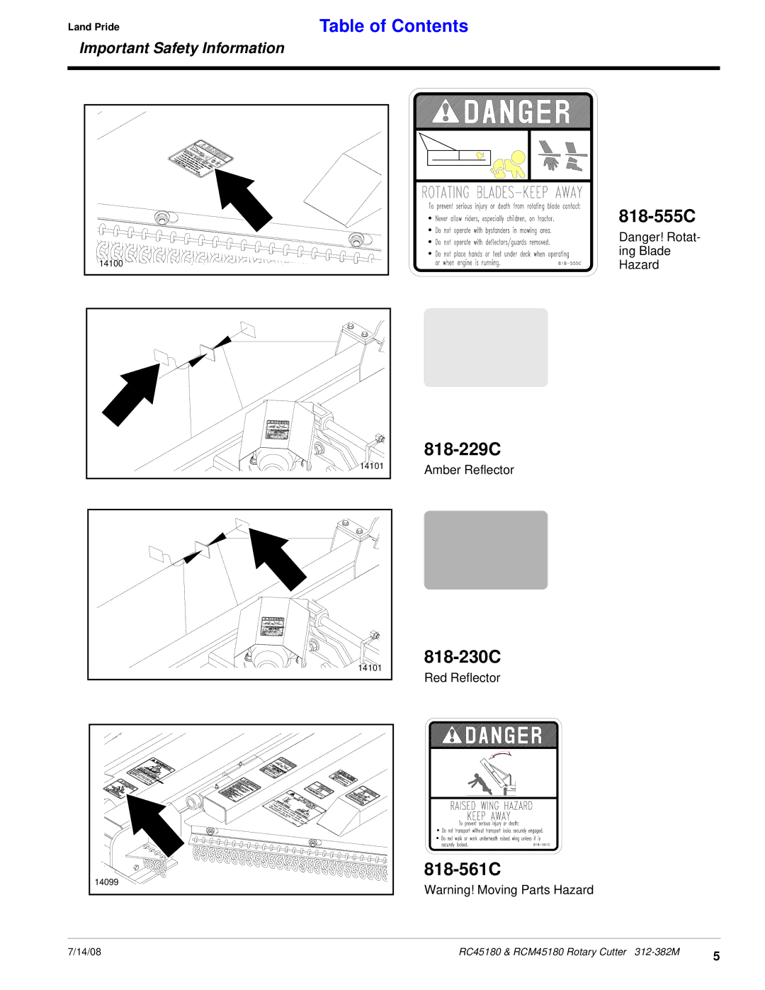 Land Pride RCM45180, RC45180 manual 818-555C 818-229C, 818-230C, 818-561C 