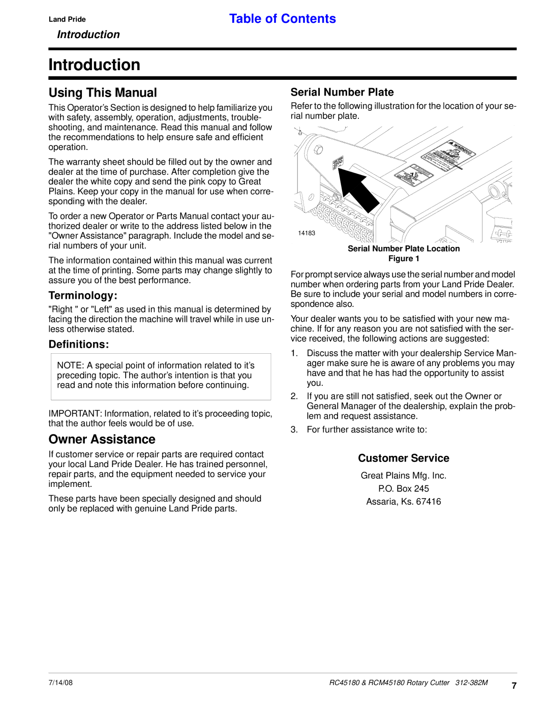 Land Pride RCM45180, RC45180 manual Using This Manual, Owner Assistance 