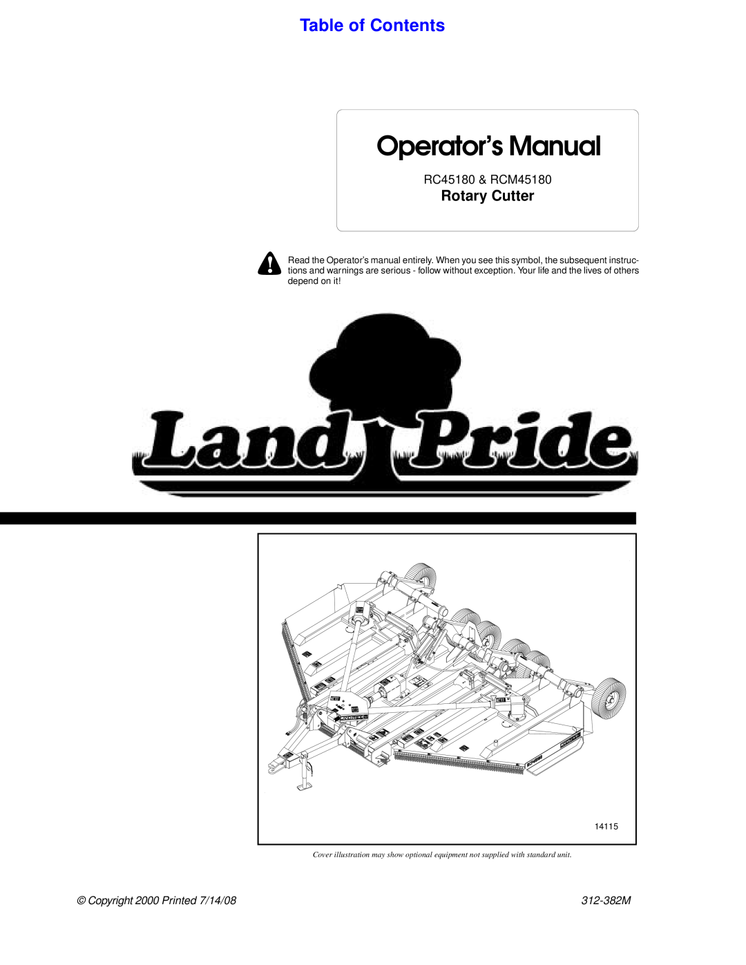 Land Pride RCM45180 manual Table of Contents, Rotary Cutter, Operator’s Manual, Copyright 2000 Pr inted 7/14/08, 312-382M 
