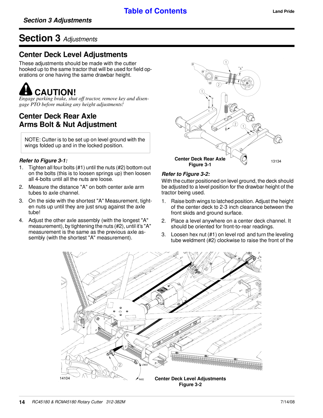 Land Pride RC45180 Center Deck Level Adjustments, Center Deck Rear Axle Arms Bolt & Nut Adjustment, Table of Contents 