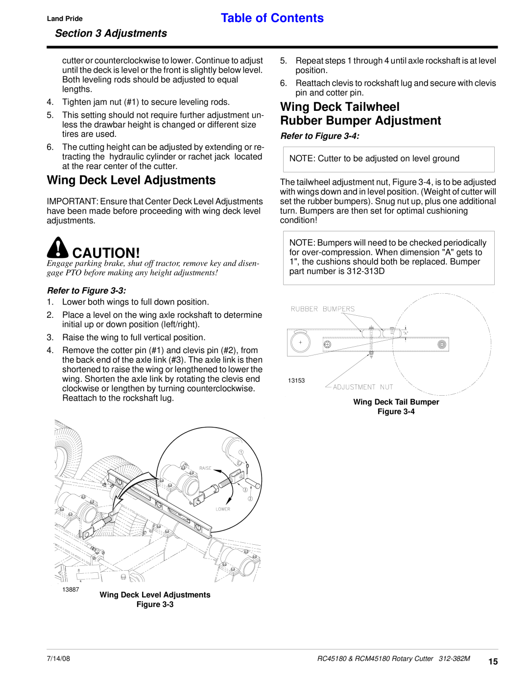 Land Pride RCM45180, RC45180 Wing Deck Level Adjustments, Wing Deck Tailwheel Rubber Bumper Adjustment, Table of Contents 