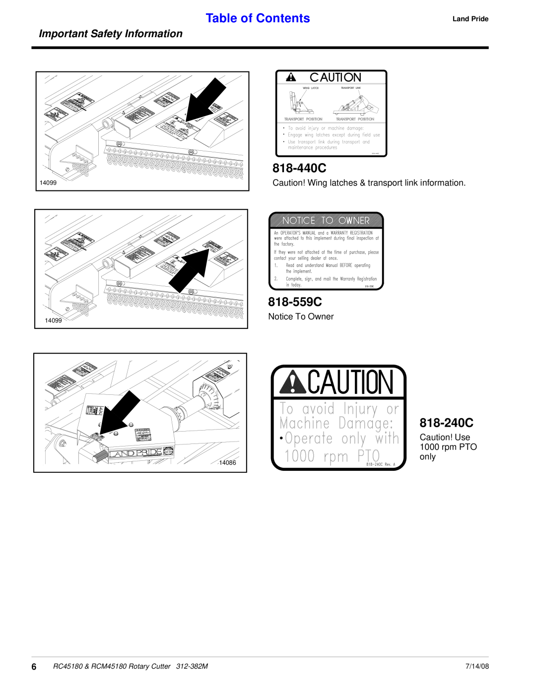 Land Pride RC45180 818-440C, Table of Contents, 818-240C, 818-559C, Important Safety Information, Land Pride, 7/14/08 