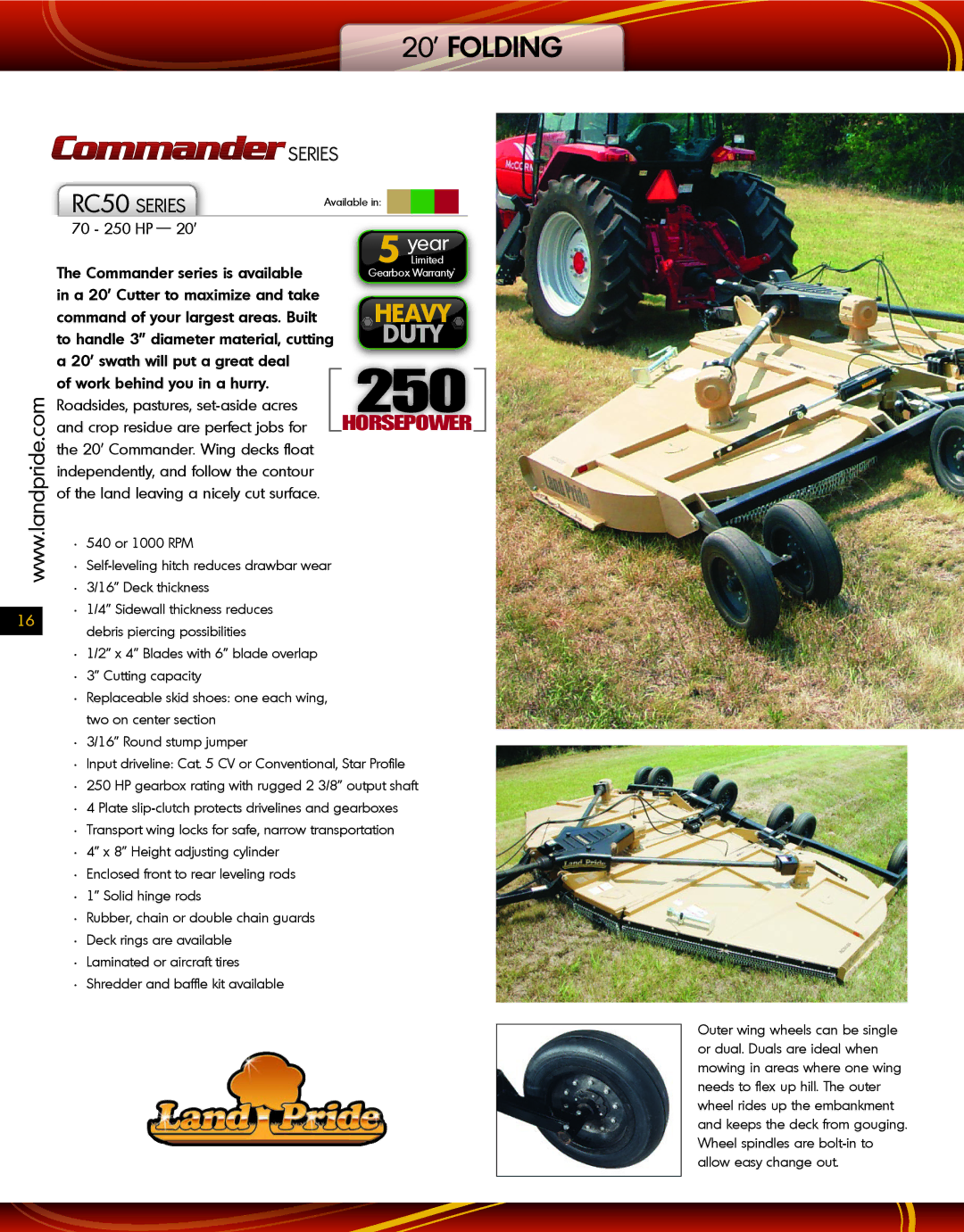 Land Pride warranty 250, 20’ Folding, Heavy, RC50 Series, Horsepower 