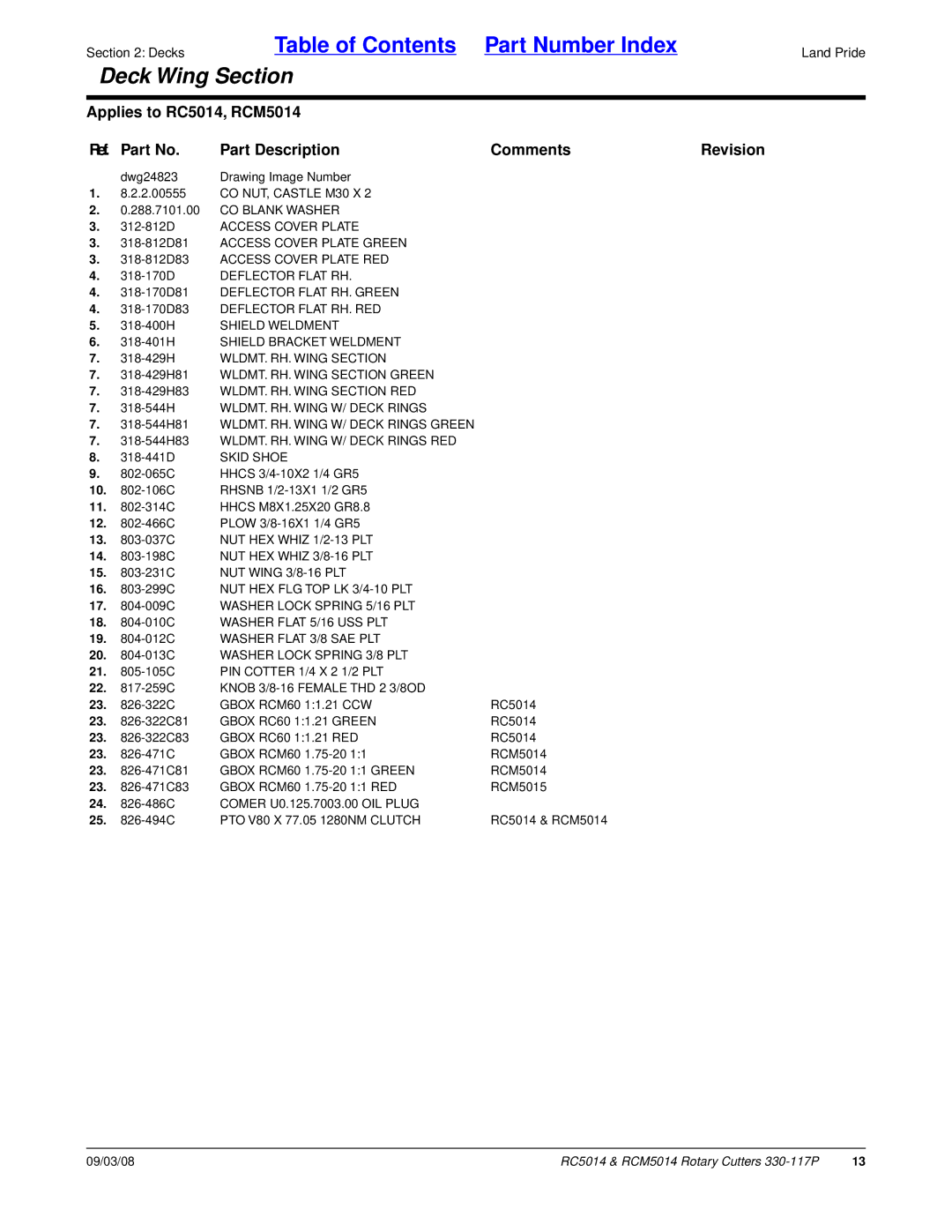 Land Pride RCM5014 WLDMT. RH. Wing Section, WLDMT. RH. Wing W/ Deck Rings, Skid Shoe, 20 -013C Washer Lock Spring 3/8 PLT 