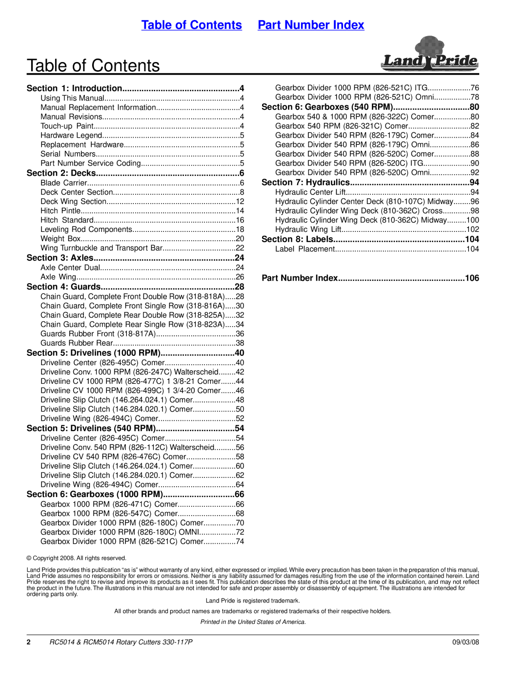 Land Pride RC5014, RCM5014 manual Table of Contents 