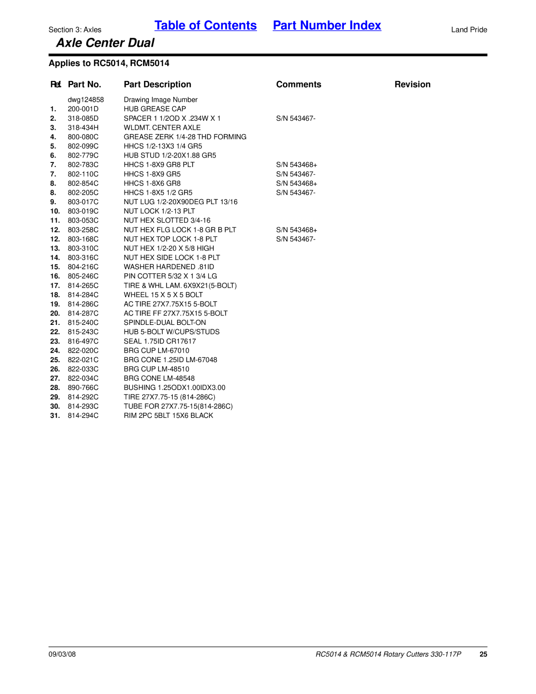 Land Pride RCM5014 manual WLDMT. Center Axle, Hhcs 1-8X9 GR8 PLT, NUT HEX FLG Lock 1-8 GR B PLT, Tire & WHL LAM X9X215-BOLT 