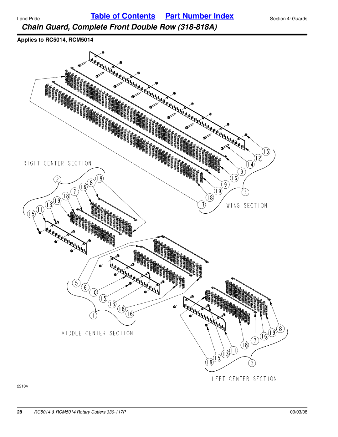 Land Pride RC5014, RCM5014 manual Chain Guard, Complete Front Double Row 318-818A 