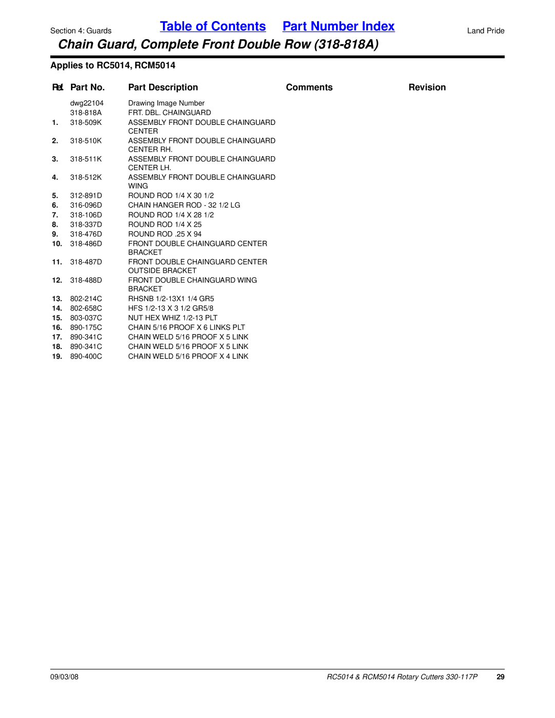 Land Pride RCM5014, RC5014 manual FRT. DBL. Chainguard 