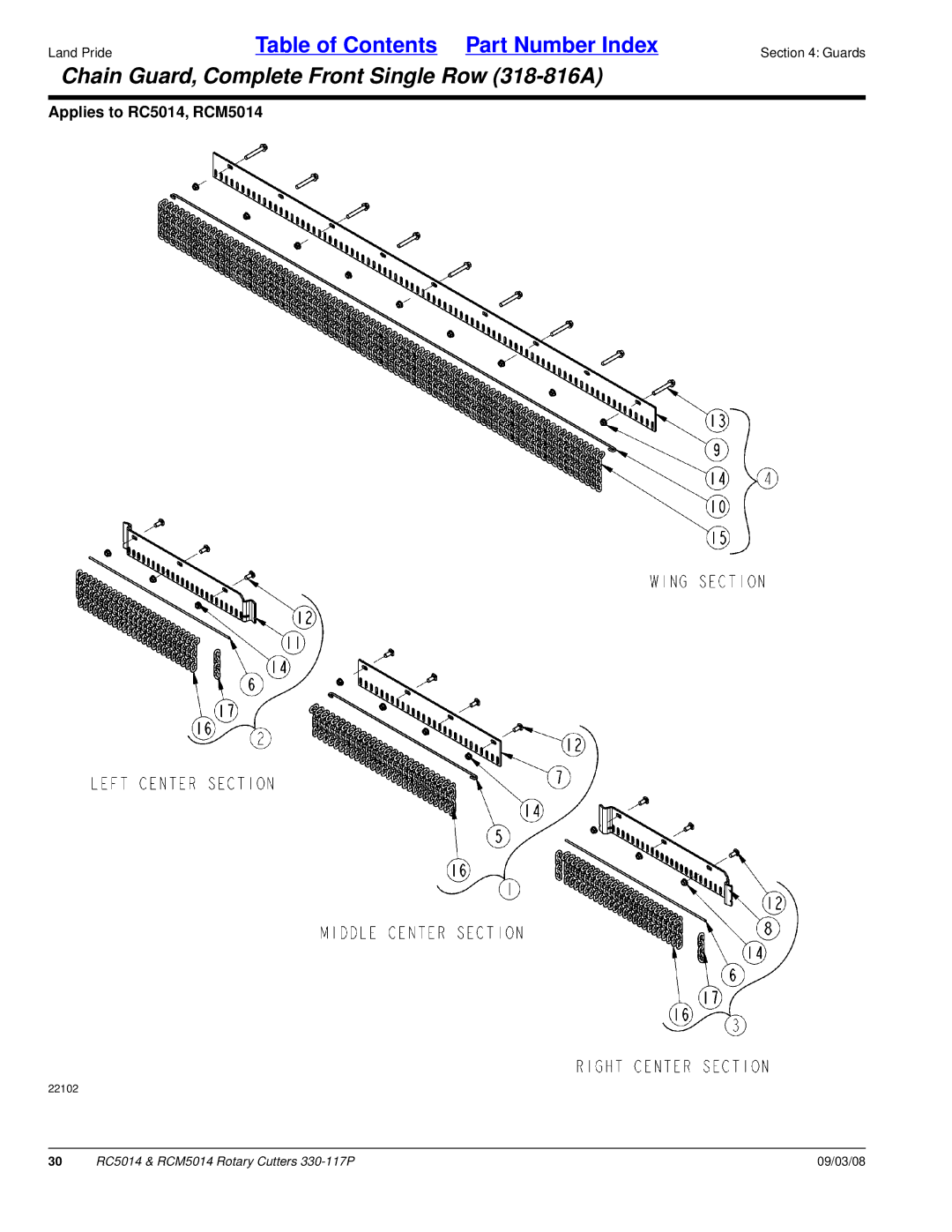 Land Pride RC5014, RCM5014 manual Chain Guard, Complete Front Single Row 318-816A 