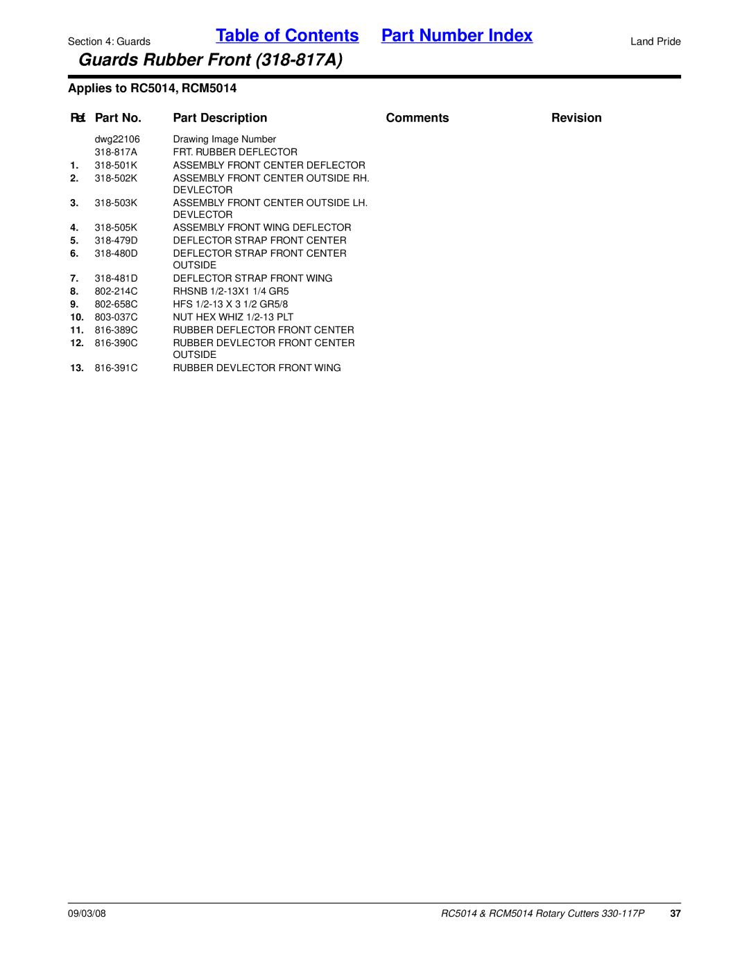 Land Pride RCM5014, RC5014 manual FRT. Rubber Deflector 