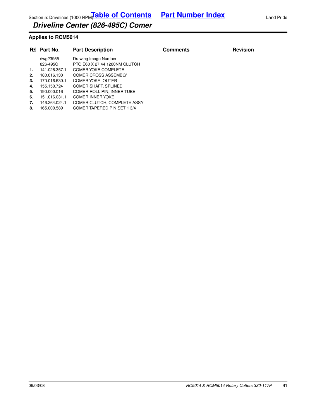 Land Pride RCM5014, RC5014 manual Comer Cross Assembly, Comer Roll PIN, Inner Tube, Comer CLUTCH, Complete Assy 