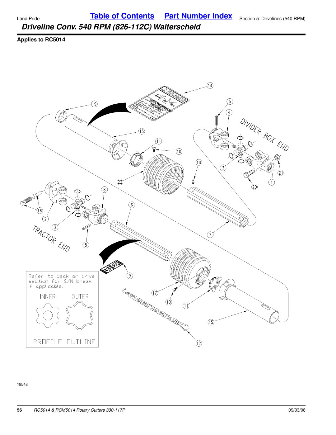 Land Pride RC5014, RCM5014 manual Driveline Conv RPM 826-112C Walterscheid 