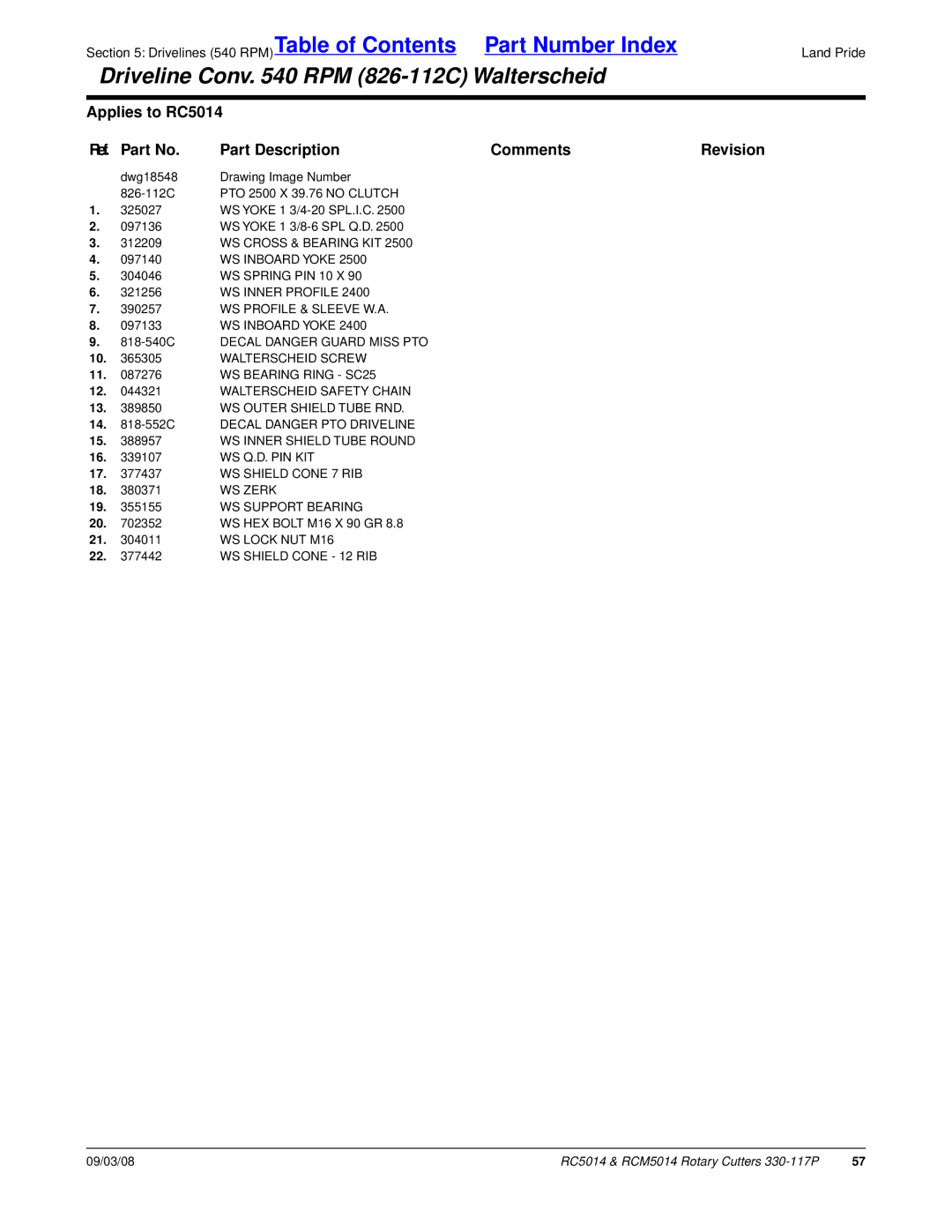 Land Pride RCM5014, RC5014 manual WS Inner Profile, WS Outer Shield Tube RND, WS Inner Shield Tube Round, Ws Q.D. Pin Kit 