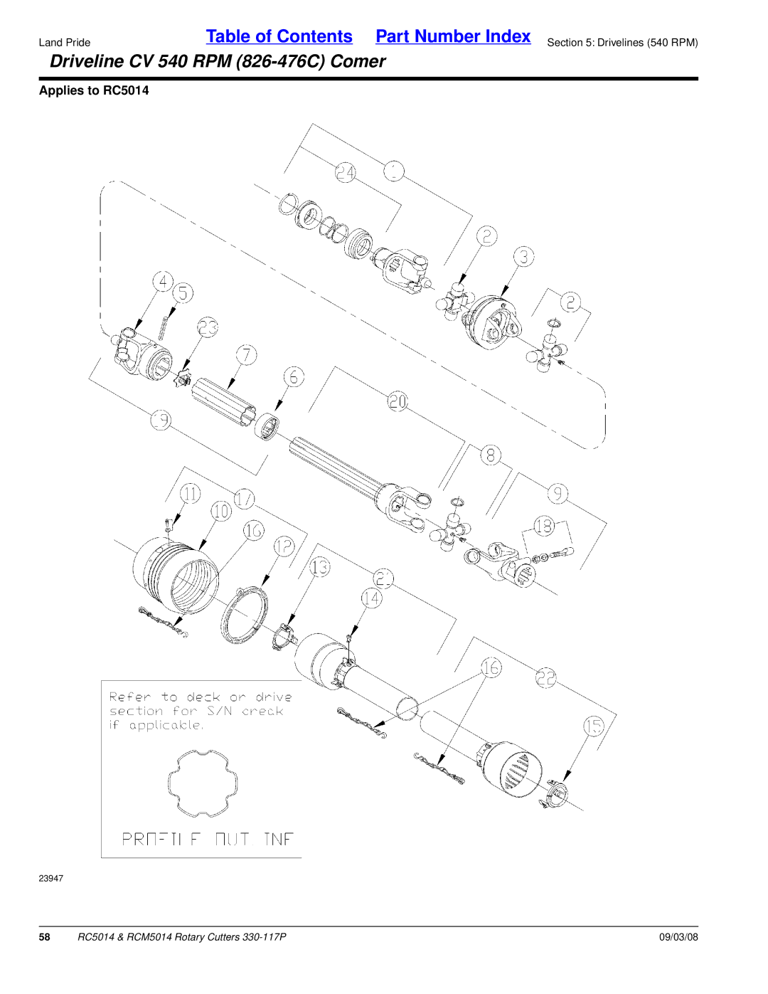 Land Pride RC5014, RCM5014 manual Driveline CV 540 RPM 826-476C Comer 