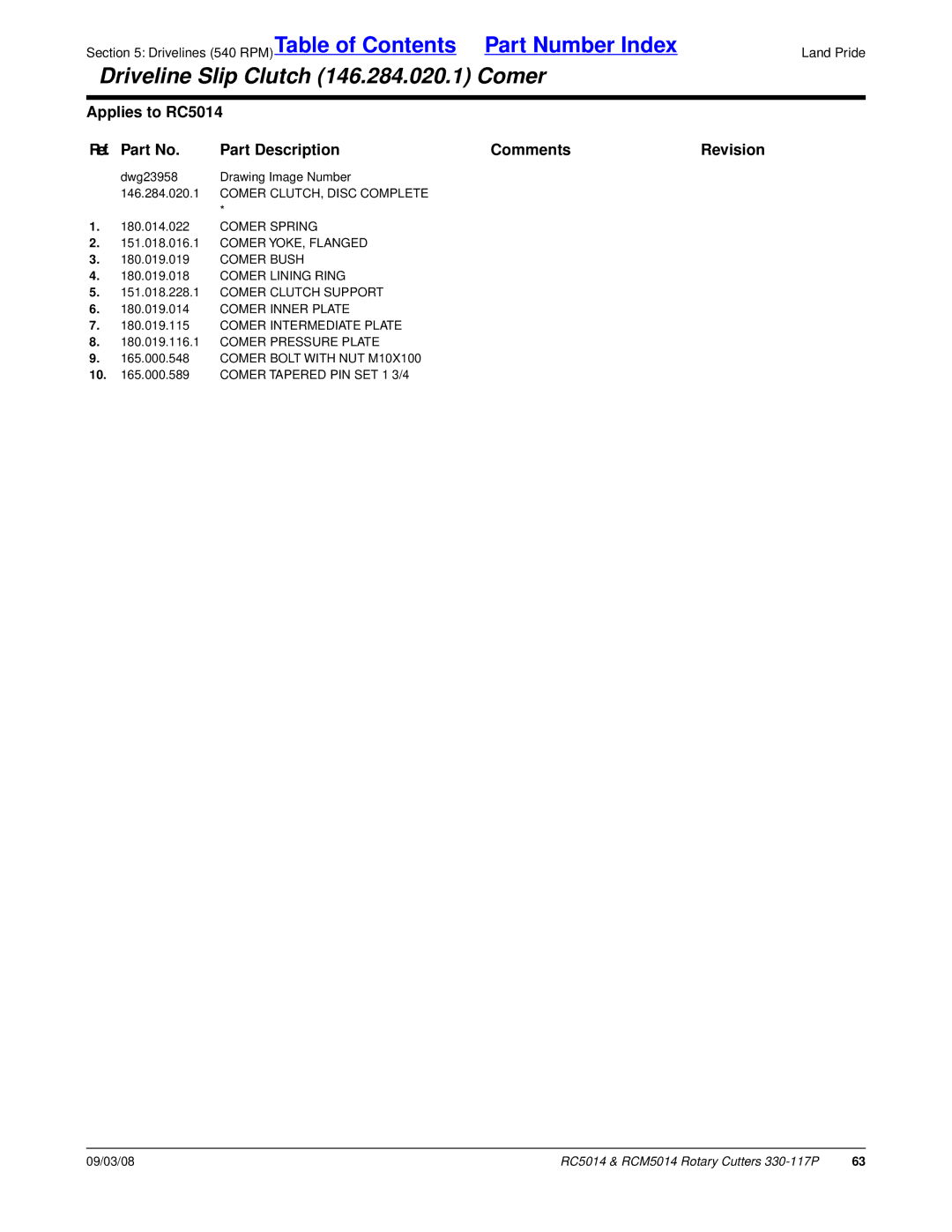 Land Pride RCM5014, RC5014 manual Comer CLUTCH, Disc Complete Comer Spring 