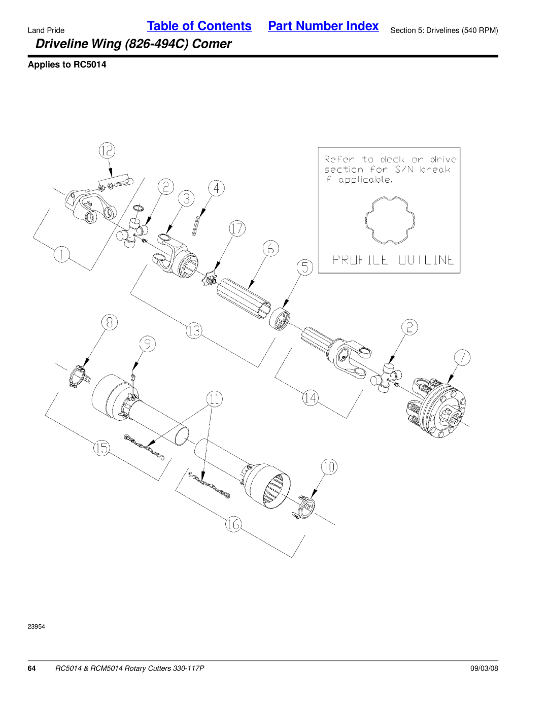 Land Pride RC5014, RCM5014 manual Driveline Wing 826-494C Comer 