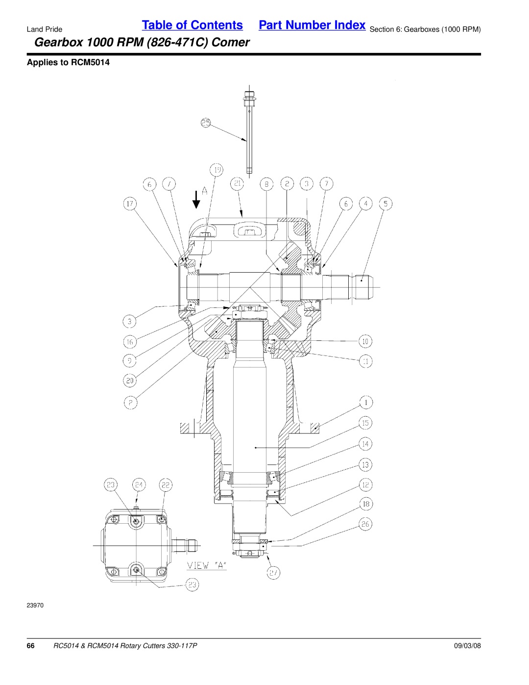 Land Pride RC5014, RCM5014 manual Gearbox 1000 RPM 826-471C Comer 