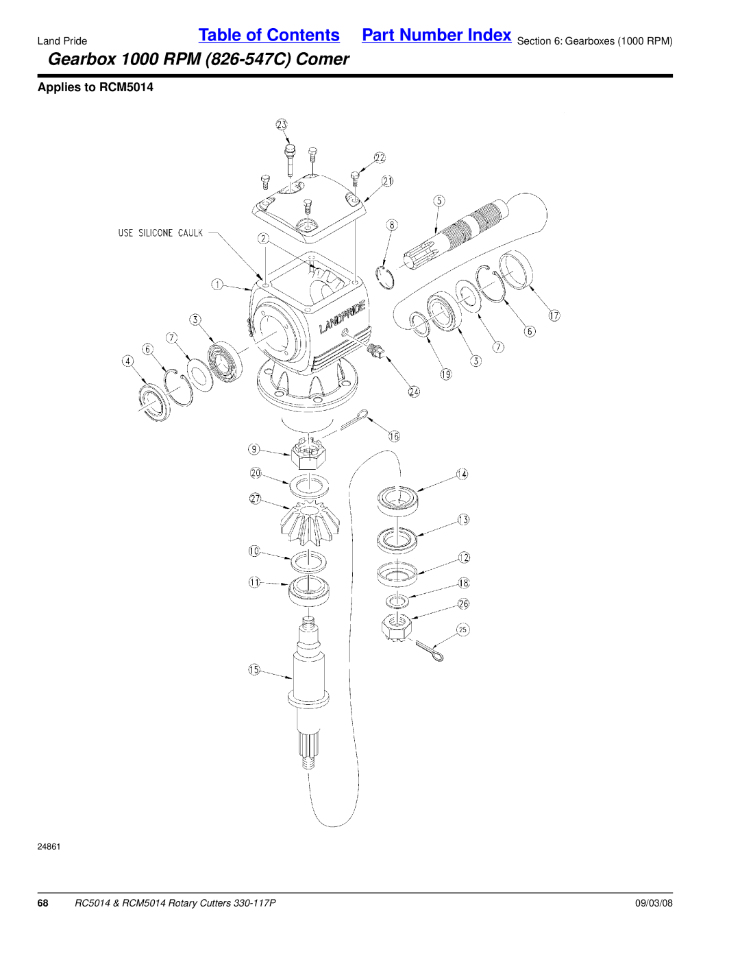 Land Pride RC5014, RCM5014 manual Gearbox 1000 RPM 826-547C Comer 