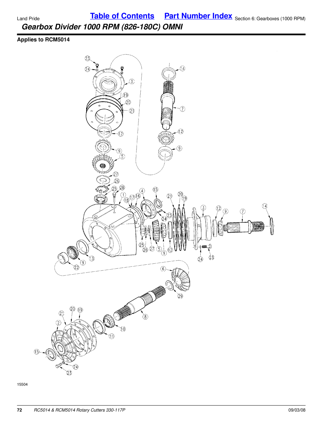 Land Pride RC5014, RCM5014 manual Gearbox Divider 1000 RPM 826-180C Omni 