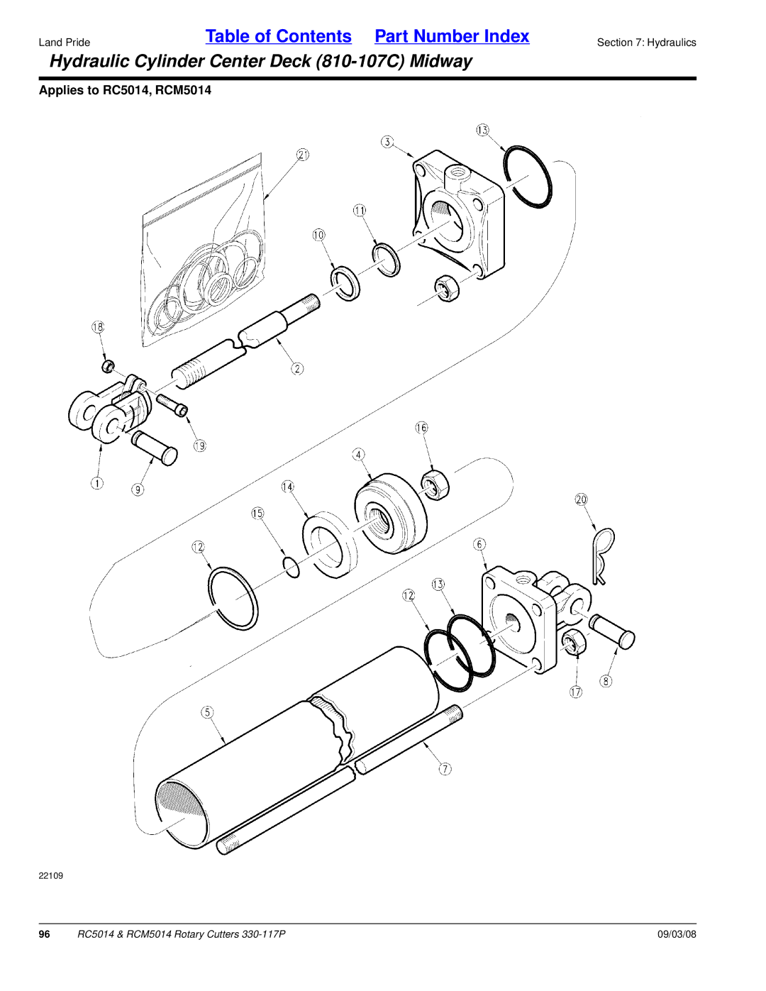 Land Pride RC5014, RCM5014 manual Hydraulic Cylinder Center Deck 810-107C Midway 