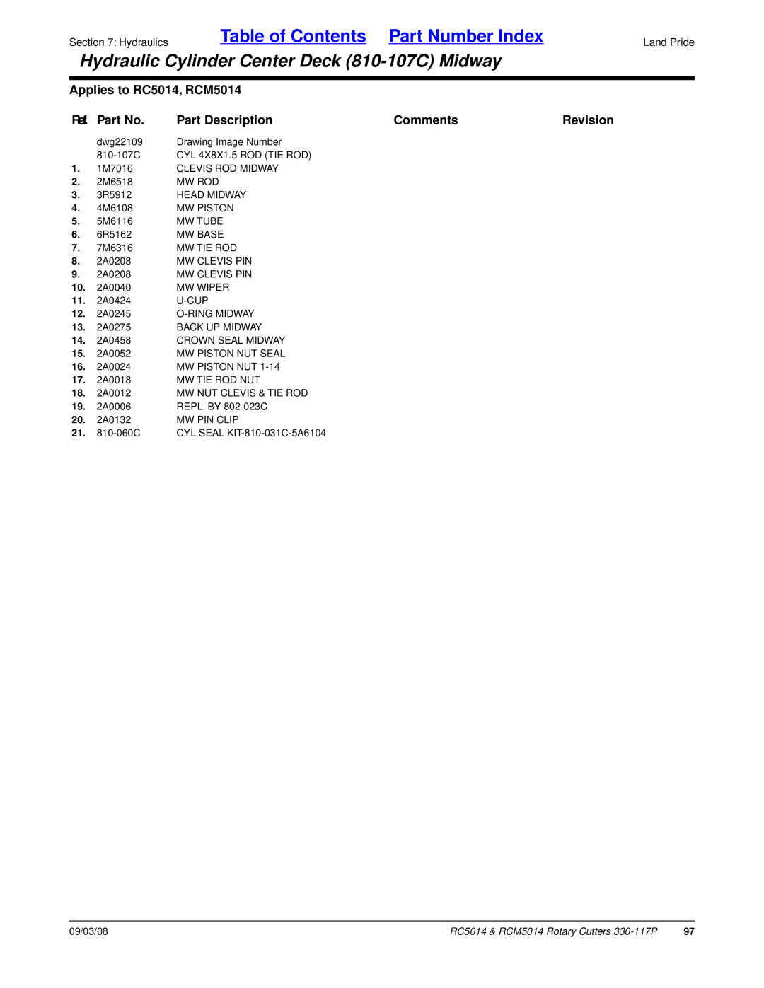 Land Pride RCM5014 CYL 4X8X1.5 ROD TIE ROD, Clevis ROD Midway, Mw Rod, Head Midway, MW Piston, MW Tube, MW Base, MW Wiper 