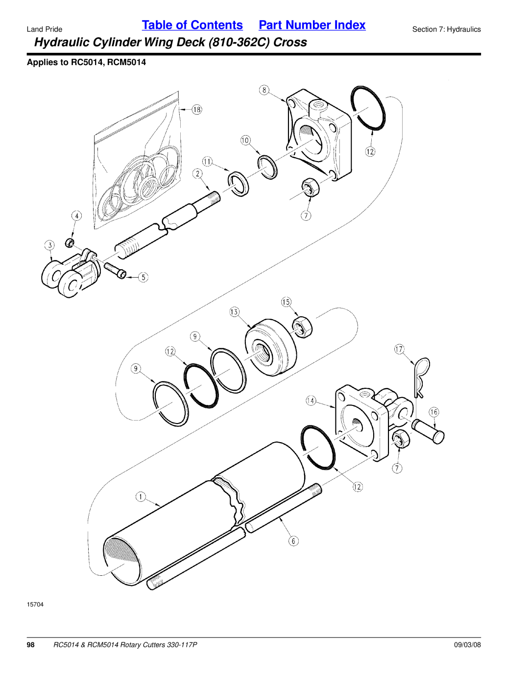 Land Pride RC5014, RCM5014 manual Hydraulic Cylinder Wing Deck 810-362C Cross 