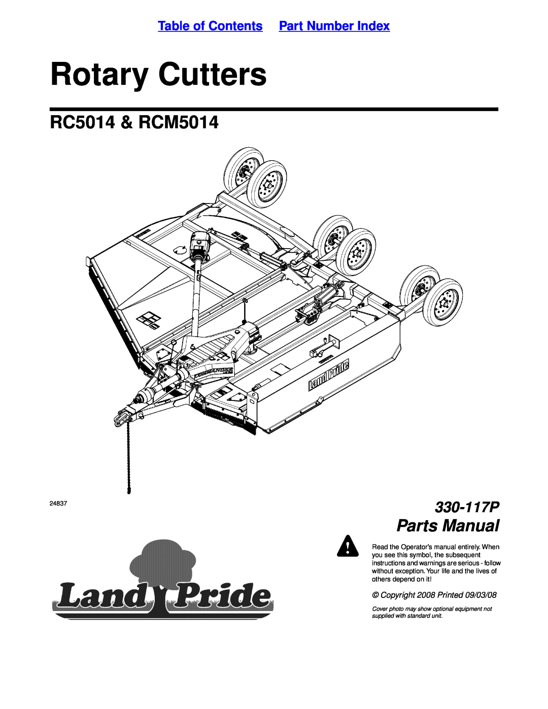 Land Pride manual Table of Contents Part Number Index, Rotary Cutters, RC5014 & RCM5014, Parts Manual, 330-117P 
