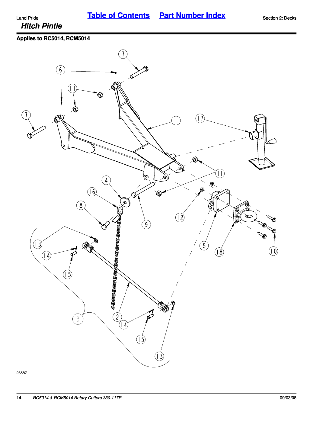 Land Pride manual Hitch Pintle, Table of Contents Part Number Index, Applies to RC5014, RCM5014, 09/03/08 