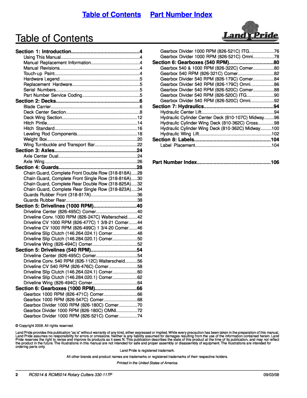 Land Pride RC5014, RCM5014 manual Table of Contents Part Number Index 