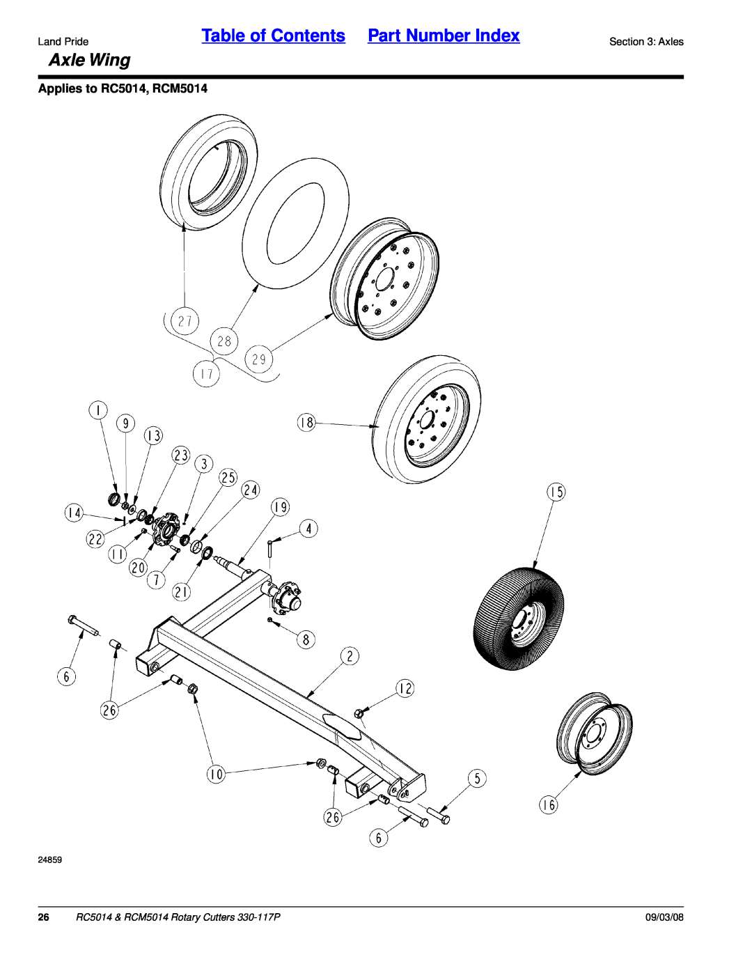Land Pride manual Axle Wing, Table of Contents Part Number Index, Applies to RC5014, RCM5014, 09/03/08 