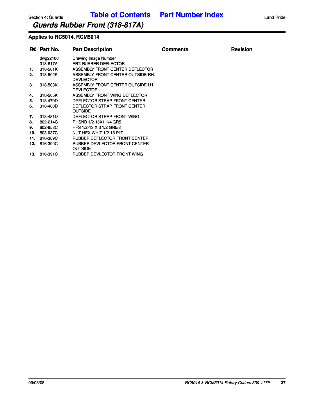 Land Pride Table of Contents Part Number Index, Guards Rubber Front 318-817A, Applies to RC5014, RCM5014, Ref. Part No 