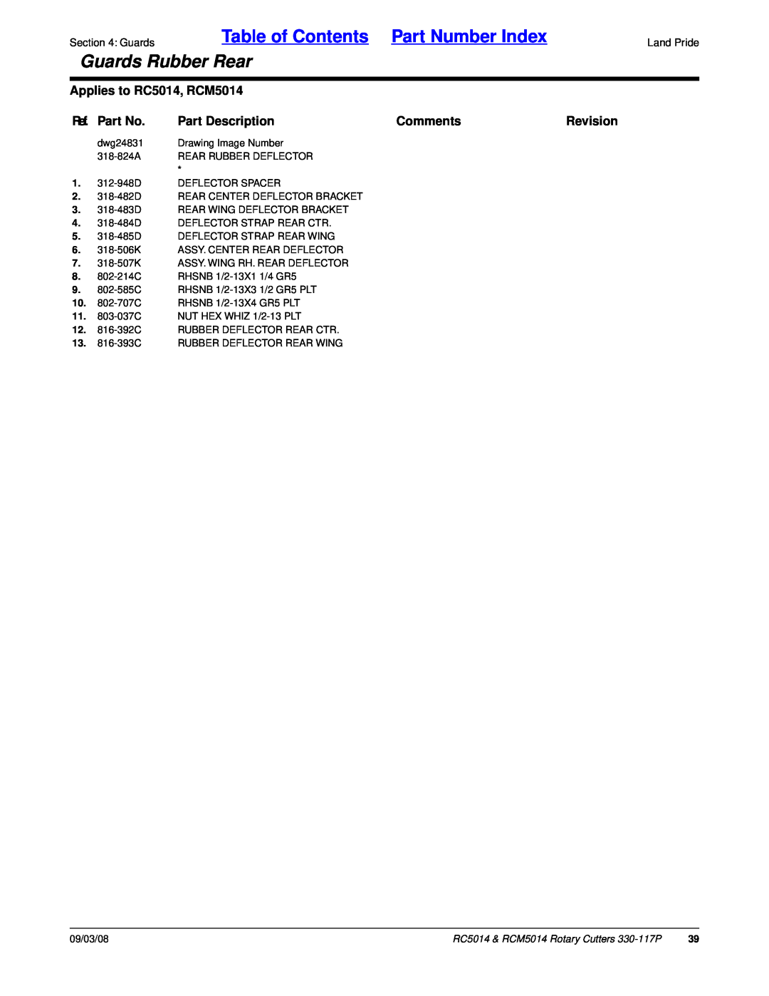 Land Pride Table of Contents Part Number Index, Guards Rubber Rear, Applies to RC5014, RCM5014, Ref. Part No, Comments 