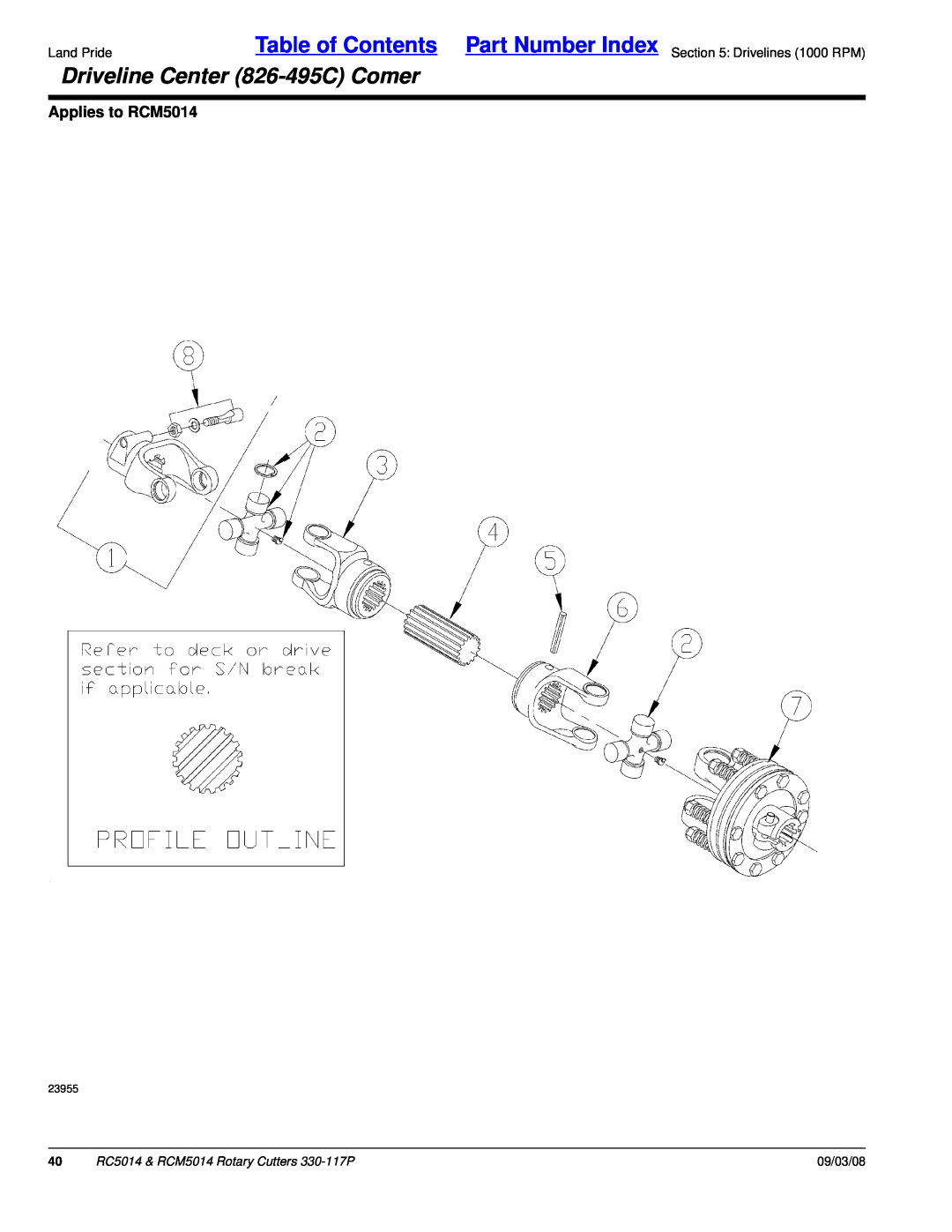 Land Pride manual Driveline Center 826-495CComer, Applies to RCM5014, RC5014 & RCM5014 Rotary Cutters 330-117P, 09/03/08 