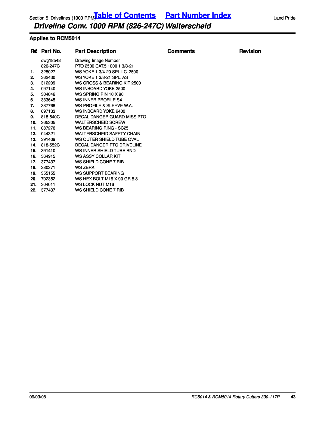 Land Pride Table of Contents, Part Number Index, Driveline Conv. 1000 RPM 826-247CWalterscheid, Applies to RCM5014 