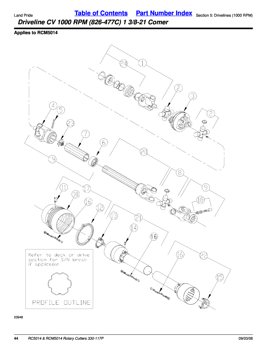 Land Pride RC5014 manual Driveline CV 1000 RPM 826-477C1 3/8-21Comer, Applies to RCM5014, 09/03/08 