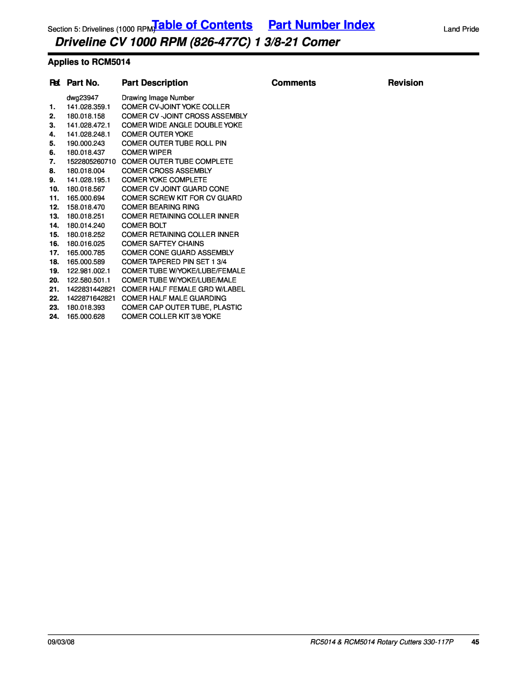 Land Pride manual Table of Contents, Part Number Index, Driveline CV 1000 RPM 826-477C1 3/8-21Comer, Applies to RCM5014 