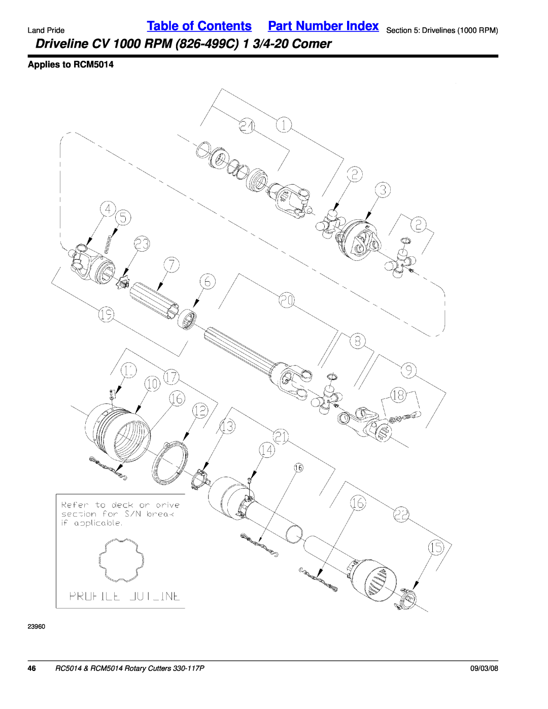 Land Pride RC5014 manual Driveline CV 1000 RPM 826-499C1 3/4-20Comer, Applies to RCM5014, 09/03/08 