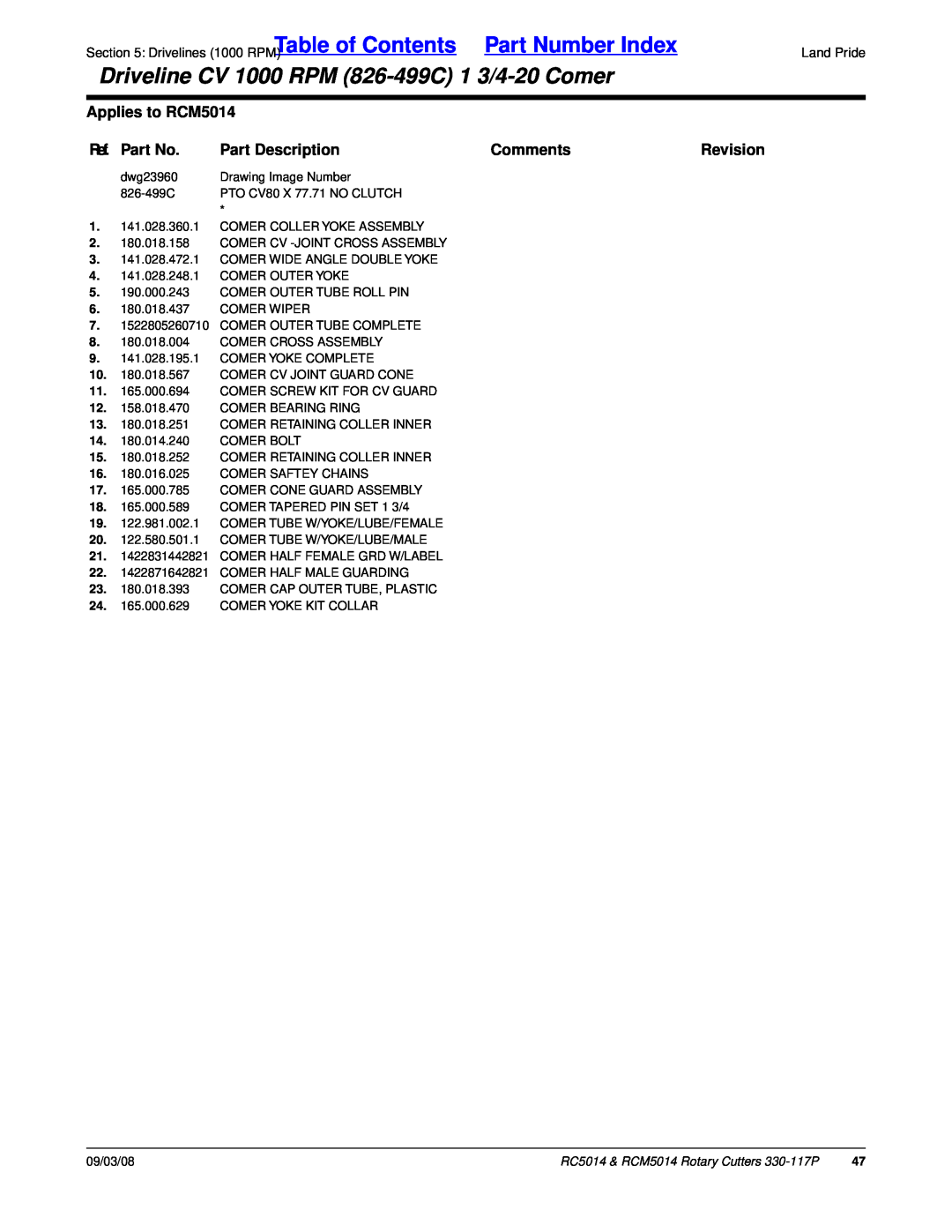 Land Pride manual Table of Contents, Part Number Index, Driveline CV 1000 RPM 826-499C1 3/4-20Comer, Applies to RCM5014 