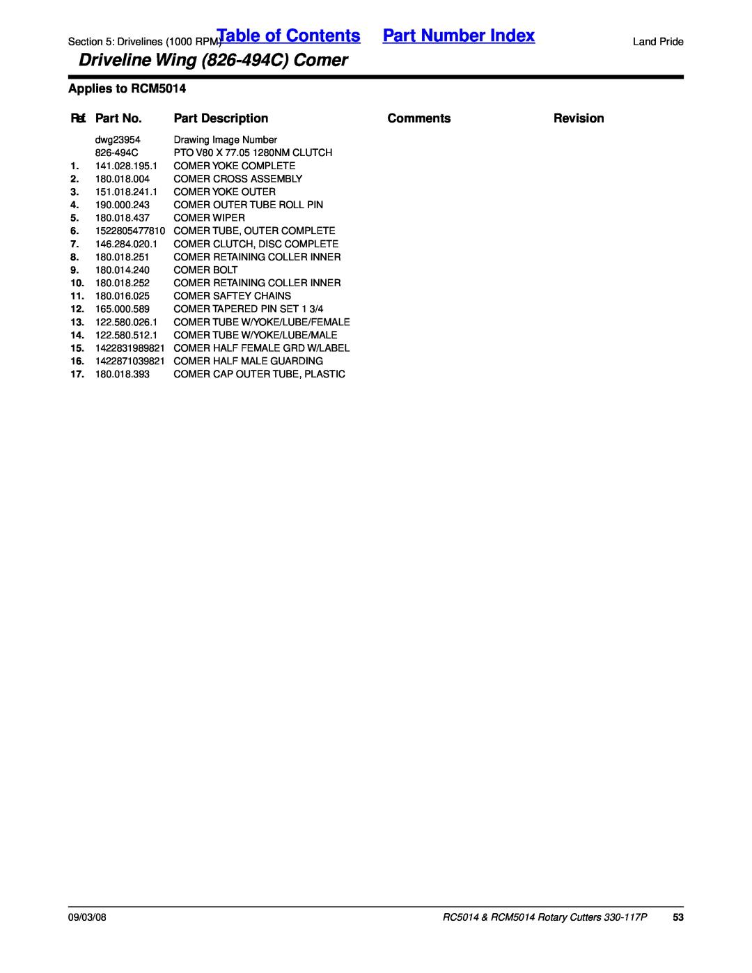 Land Pride RC5014 Table of Contents, Part Number Index, Driveline Wing 826-494CComer, Applies to RCM5014, Ref. Part No 