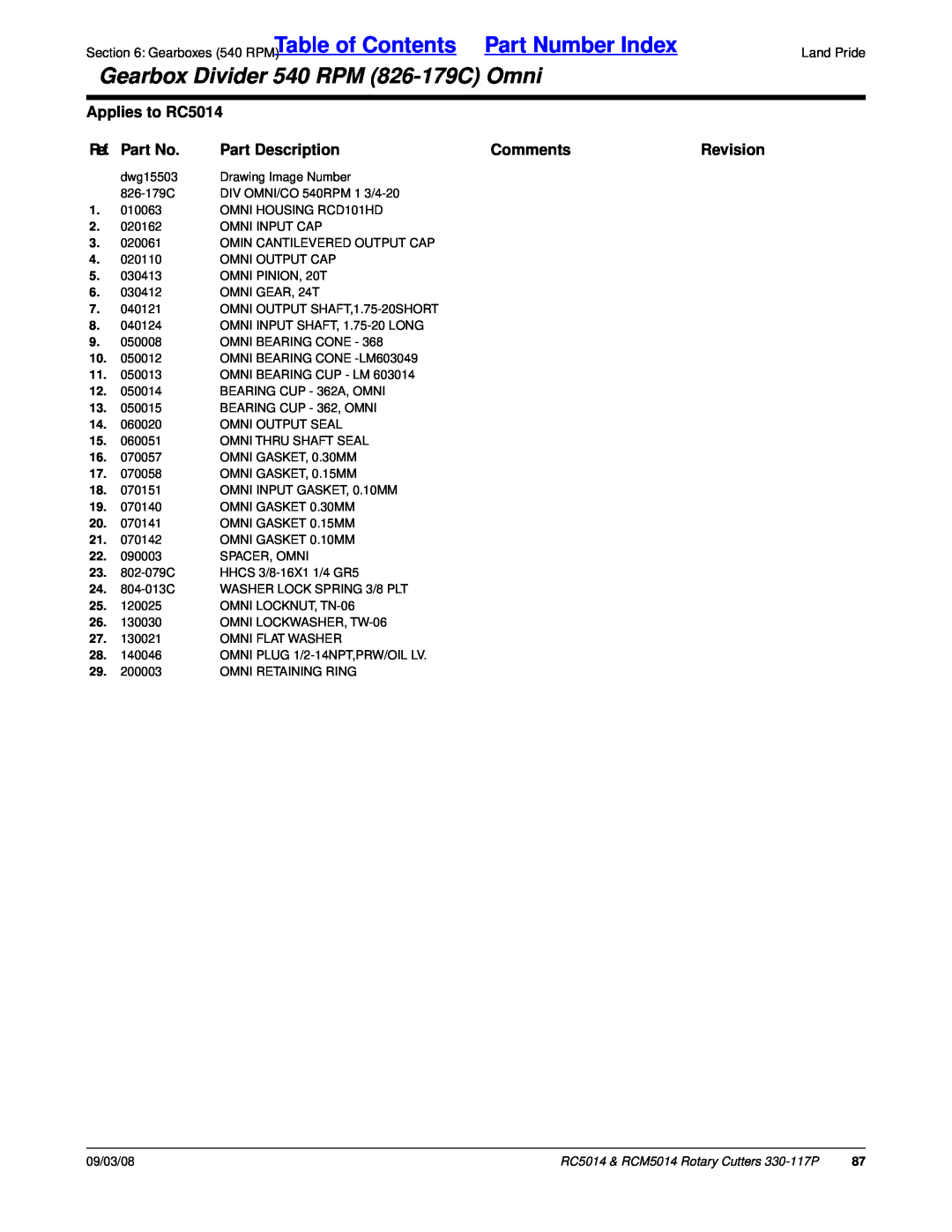 Land Pride RCM5014 Part Number Index, Gearbox Divider 540 RPM 826-179COmni, Applies to RC5014, Ref. Part No, Comments 