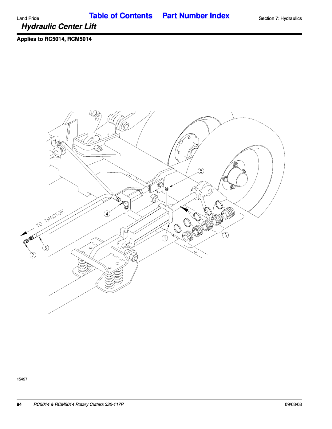 Land Pride manual Hydraulic Center Lift, Table of Contents Part Number Index, Applies to RC5014, RCM5014, 09/03/08 