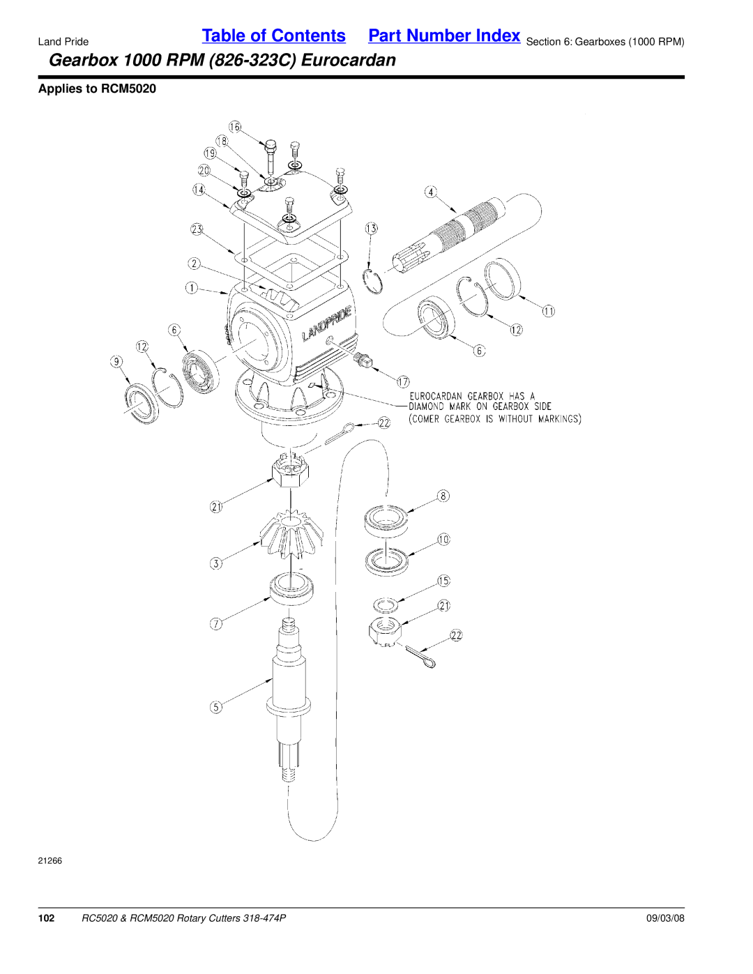 Land Pride RC5020 manual Gearbox 1000 RPM 826-323C Eurocardan 