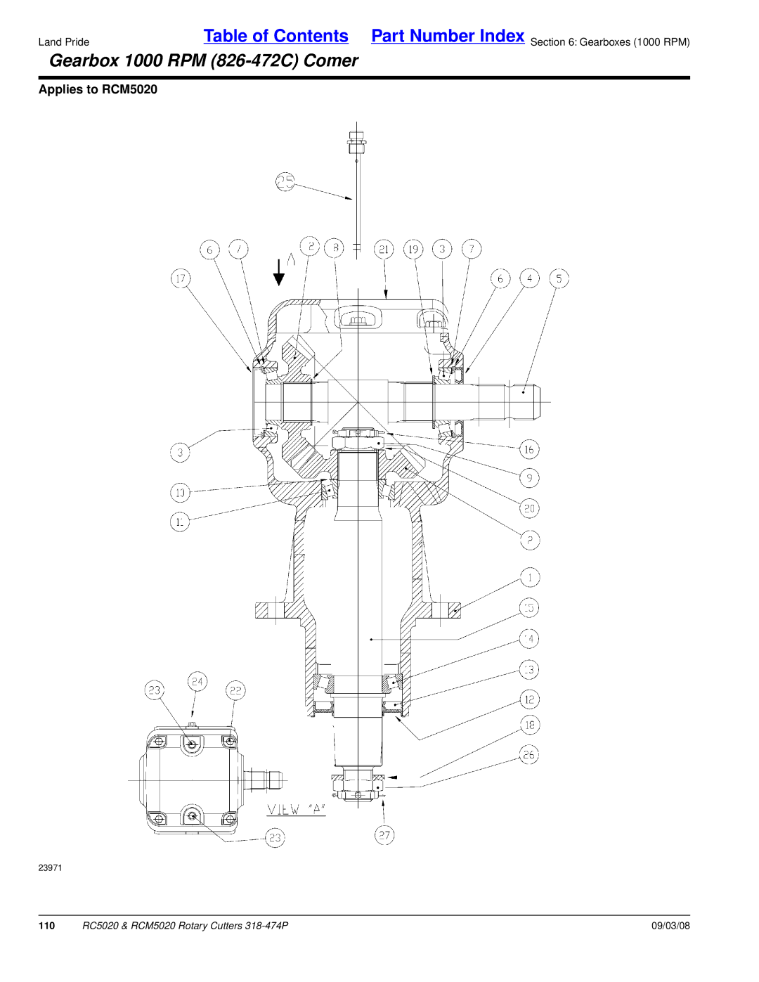 Land Pride RC5020 manual Gearbox 1000 RPM 826-472C Comer 