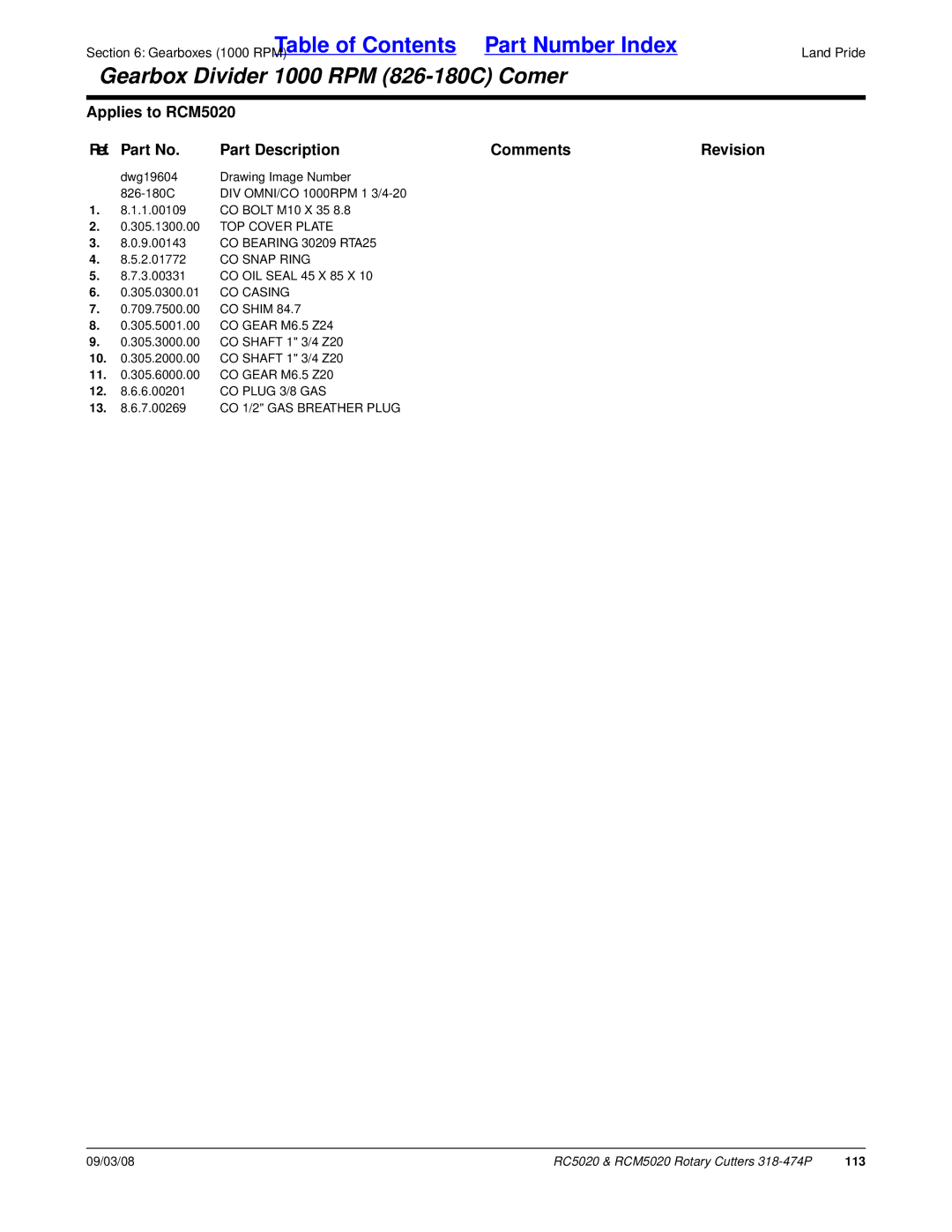 Land Pride RC5020 manual CO Snap Ring, CO Casing 